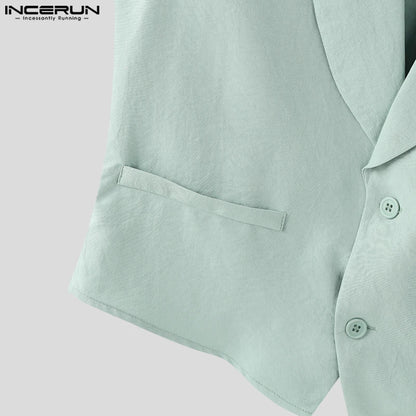 INCERUN Summer Men's Sets Solid Color Sleeveless Tops Tee Buttons Summer Long Pants Male Two-piece Suits Streetwear 2PCS S-5XL