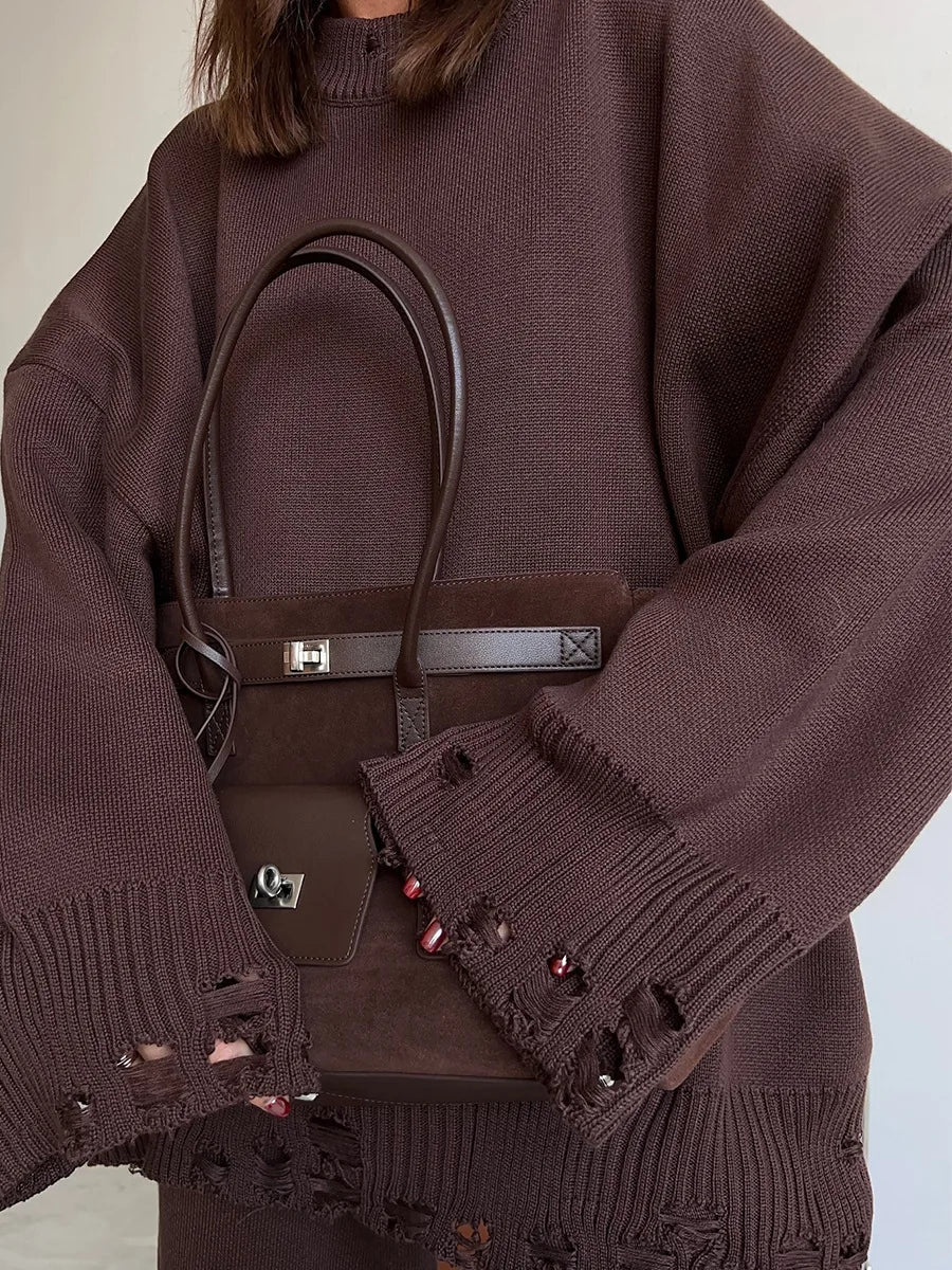 Two Piece Ripped Set Women Knit Tracksuits O Neck Long Sleeve Casual Baggy Sweatshirts+ Joggers Pants Outfits 2025 Fall Winter