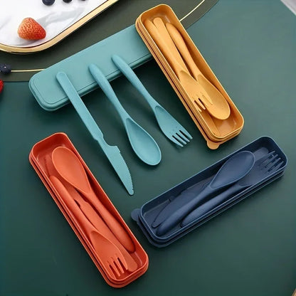 3In1 Portable Cutlery Set Reusable Home Travel Utensil Set Fork Spoon Knife with Box Dinnerware Set Picnic Camping Tableware.