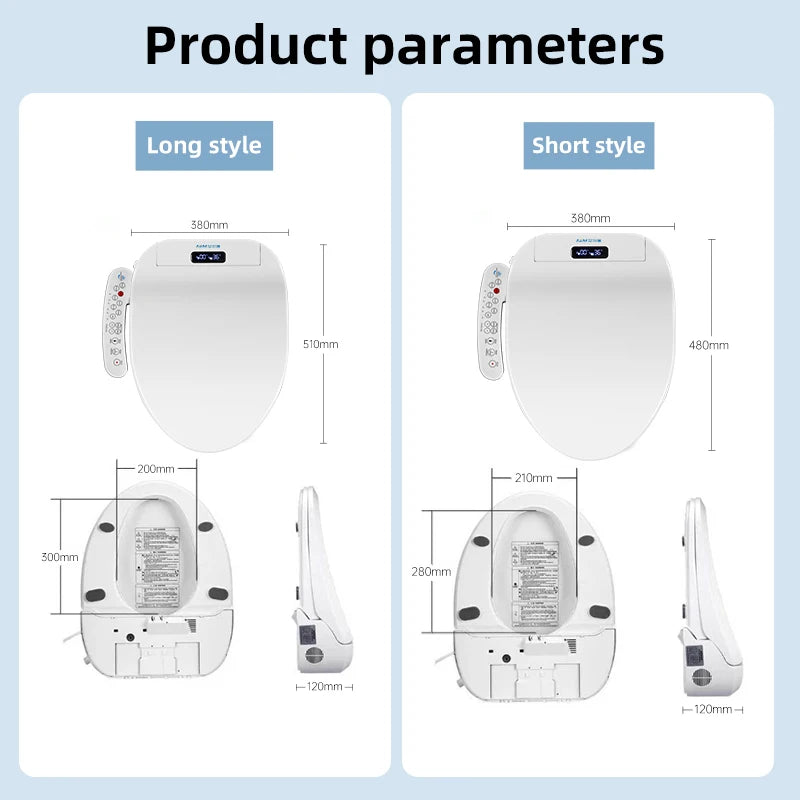 Intelligenter, länglicher Toilettensitzbezug – beheizt, wassersparend, automatische Reinigungsdüse, langsam schließend, trocken, LED-Licht für modernes Badezimmer