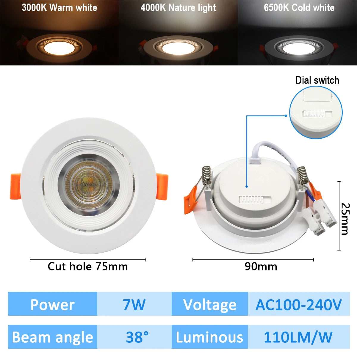 10 stücke CCT Spot Downlight Einbau LED Decke Licht 3 Farbe Eingestellt AC100-240V Zifferblatt Schalter 3000 K/4000 K/6500 K Innen Beleuchtung