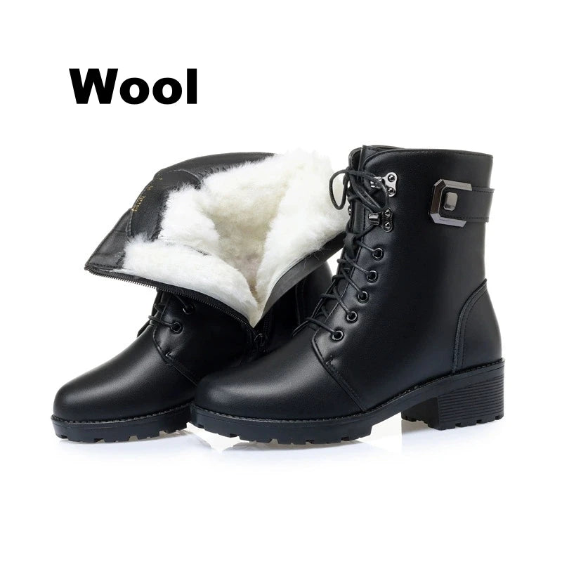 WOIZGIC Female Ladies Women Genuine Leather Ankle Boots Platform Winter Antumn Plush Fur Warm Shoes Plus Size Lace Up 35-43.