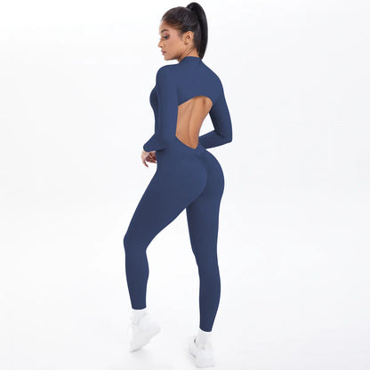 Women's Long Yoga Bodysuit with Half-Zip Sexy Back & Butt Lift for Fitness Running Outdoor Sportswear