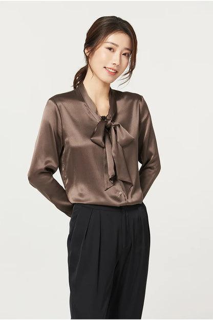 Heavyweight Mulberry Silk Shirt Women's 2025 Spring And Autumn New Long Sleeve Satin Silk Blouse V-neck Bow Ribbon Shirt