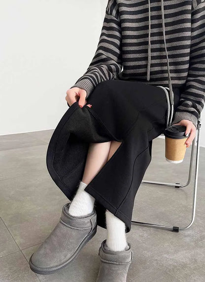Women's Gray Split Midi Skirts Elasticity Waist Casual Loose Long Skirts Female Autumn Winter Thicken Plus Velvet Straight Skirt