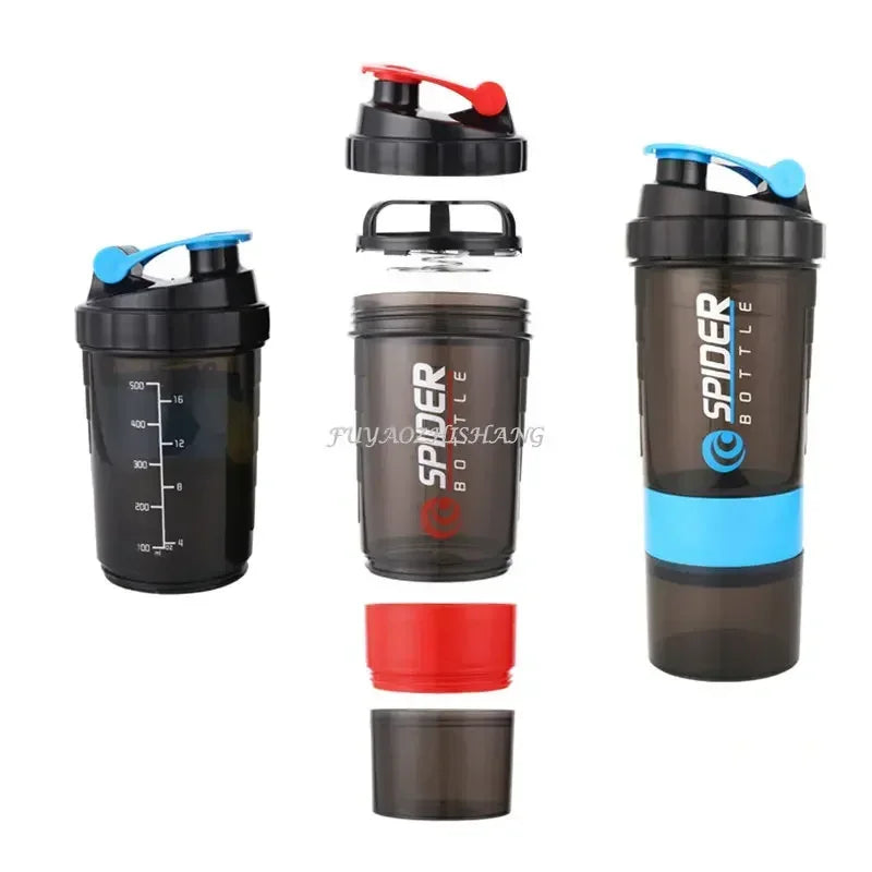 3 Layer Shaker Bottle Protein Mixing Shake Cup Sports Fitness Water Cup 550ml Scaled Plastic Water Bottles with Medicine Box.