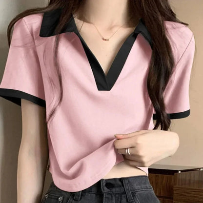 Slim Fit Short Sleeve V-Neck POLO Shirt T-Shirt Korean Design Summer Fashionable Top Half Sleeve Summer Wear Women's Fashion.