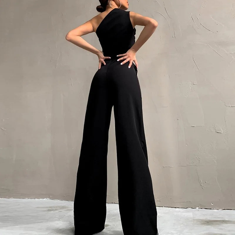 Women Elegant Slash Collar Straight Romper Sexy Off Shoulder Suit One Piece 2023 Fashion Lady High Waist Bow Solid Jumpsuits.