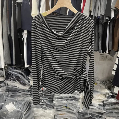 Women's Long Sleeve Striped T-Shirt Shoulder Baring Side Tie Base Shirt Versatile Autumn Fashion Design Cotton Top.