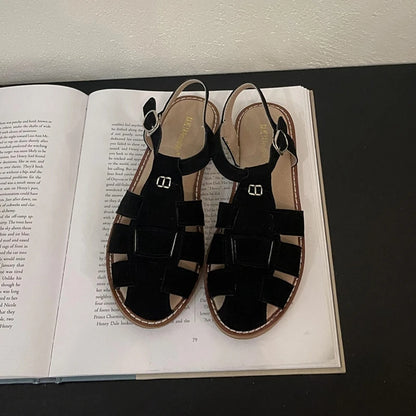 DIMANYU Women's Roman Sandals 2023 Summer New Flat Retro Real Leather Ladies Sandals Hollowed Women's Cage Shoes