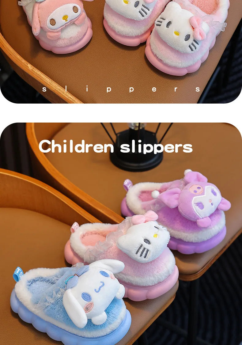 Sweet Family Winter Warm Slippers Cute Kawaii Sandals Kuromi My Melody Hello Kitty Soft Sole Shoes.
