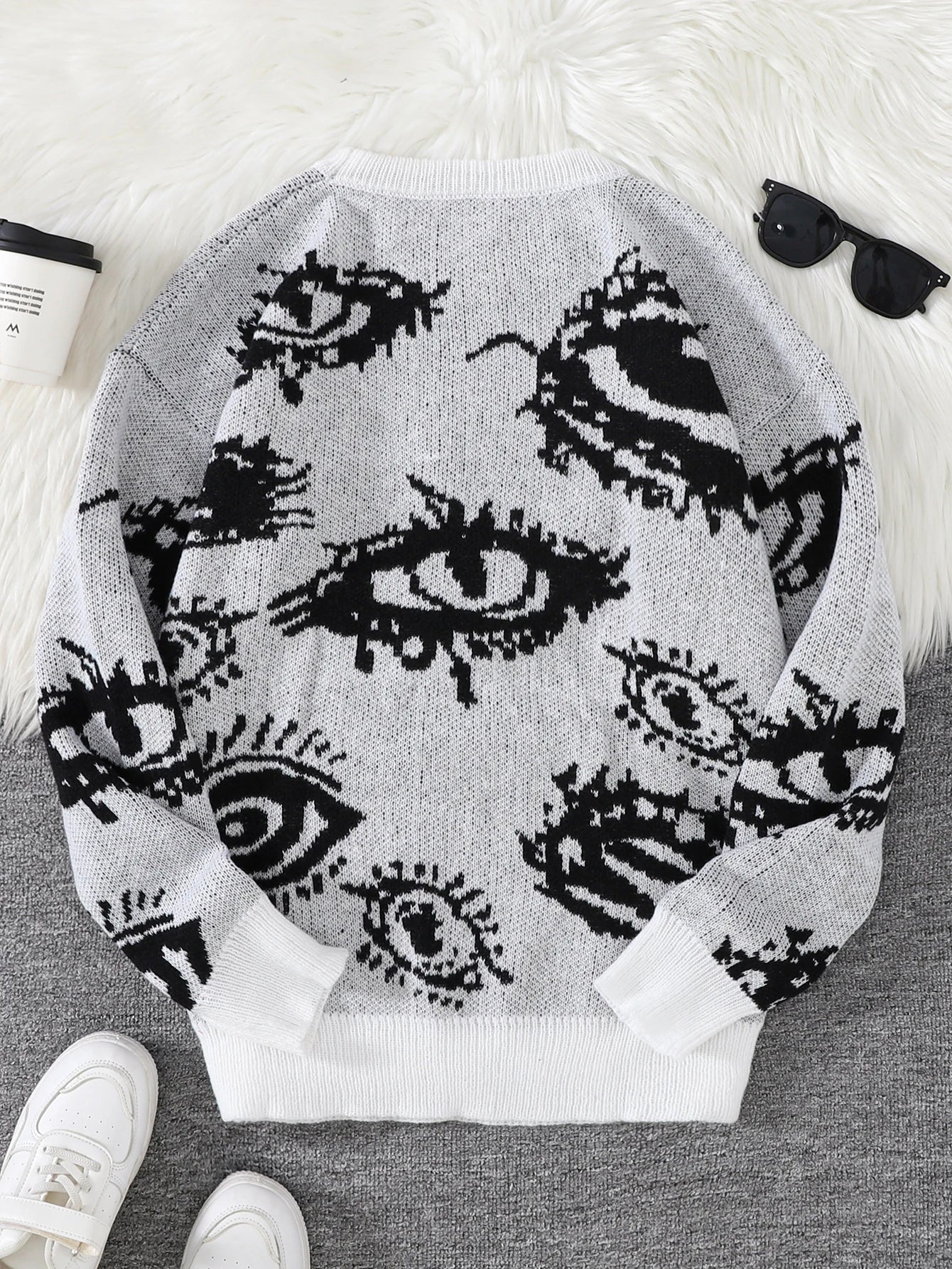 New Popular Autumn and Winter Abstract Eye Jacquard Pattern Pullover Sweater Casual Round Neck Knitted Men's Pullover.