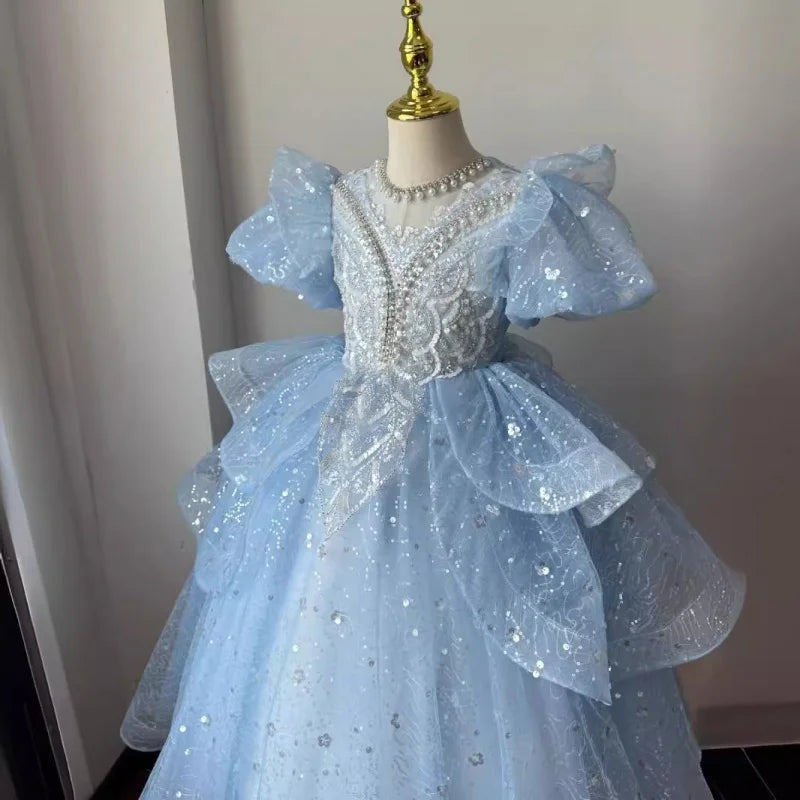 Mädchen Kleid 2025 Neue Frühling Elsa Baby Prinzessin Kleid Puffy Tüll Blau Geburtstag Kleine Host Leistung.