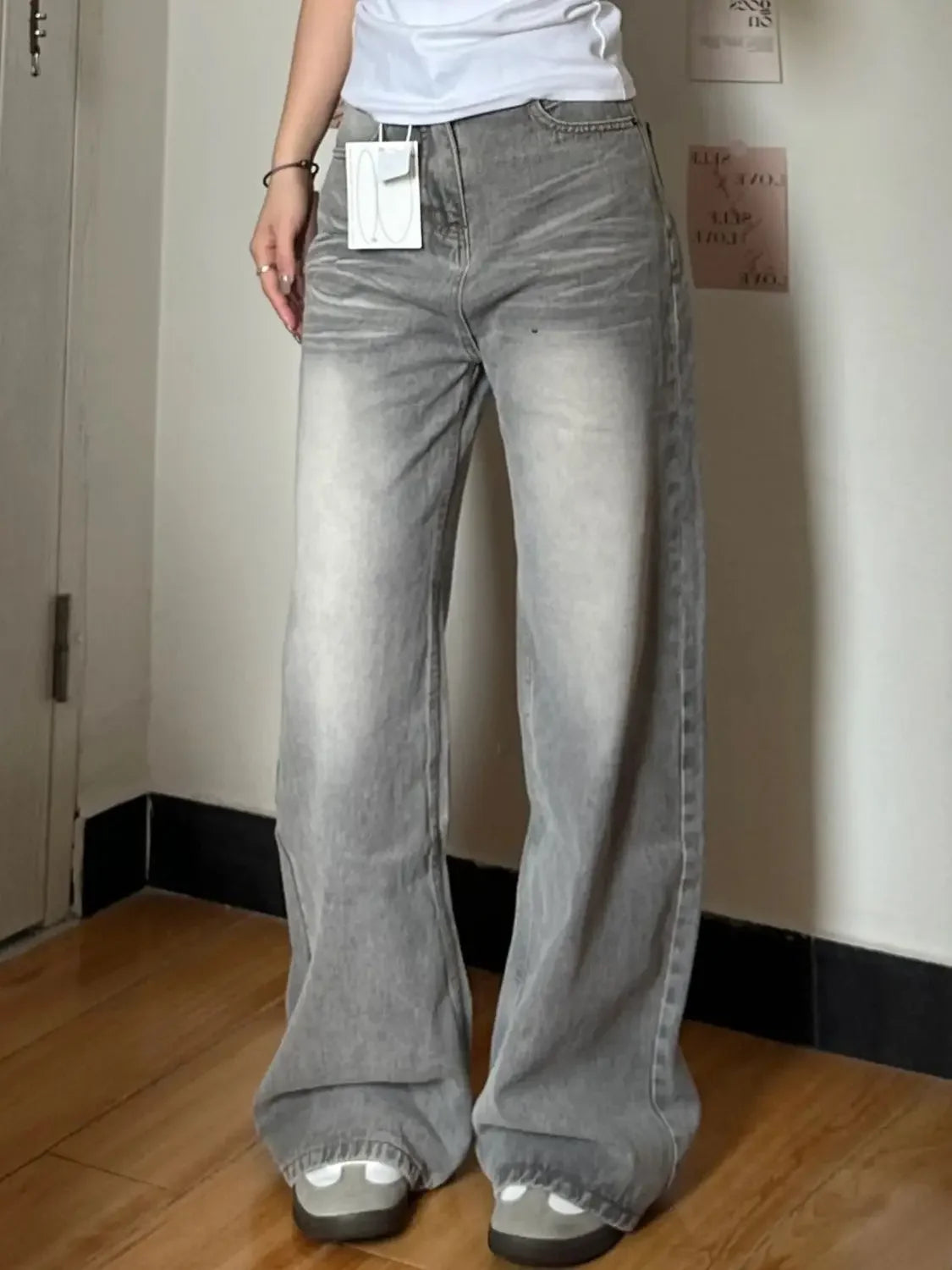 Vintage Wide-Leg Jeans Grey American Style Straight-Leg Casual Pants For Women Loose Fit Draped Spring Autumn 2024 New Arrival.