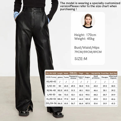 AMII Minimalist Casual Pants for Women 2025 Autumn Clothing PU Leather Loose Straight Pants Slit Office Lady Trousers 12343250
