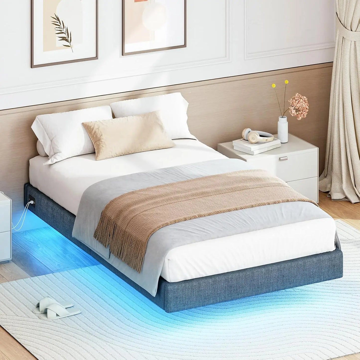 Gästebett 90 x 200 cm mit Ladestation und LED-Beleuchtung, Bettrahmen, einfache Montage zum Schlafen