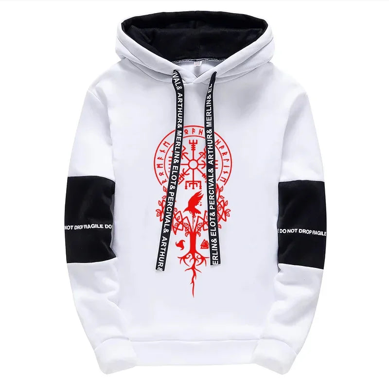 2025 Trendy Mens Tracksuit Hooded Sweatpants Viking Raven Print Autumn Winter Casual Sportswear Jogging Outfit Clothes for Man.