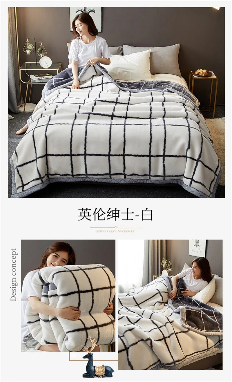 Double Sided Printed Autumn Winter Blankets for Bed Soft Warm Encrypted Flocking Raschel Blanket Skin Friendly Weighted Blanket