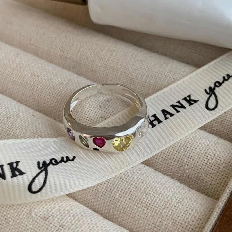 925 Sterling Silver Simple Colorful Heart Stone RingsFor Women Geometric Fashion Smiple Open Handmade Allergy Party Jewelry Gift.