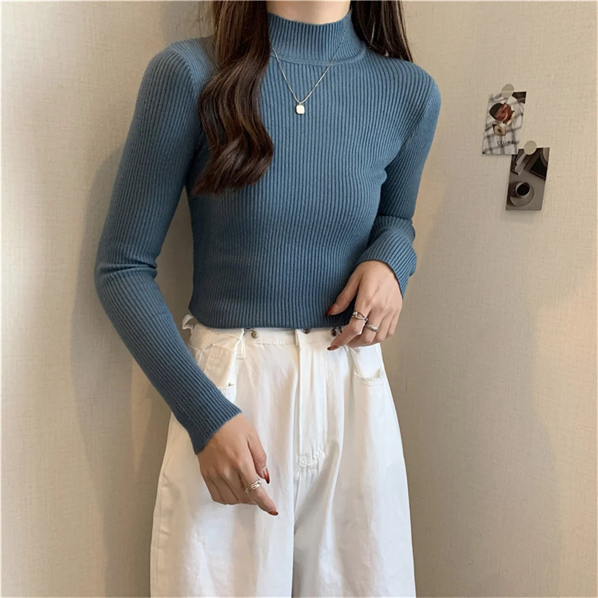 Mode Mock Neck Gestrickte Pullover Frauen Herbst Winter Neue Feste Vintage Grundlegende Tops Koreanische Dünne Rippen Pullover Casual Innere Top.