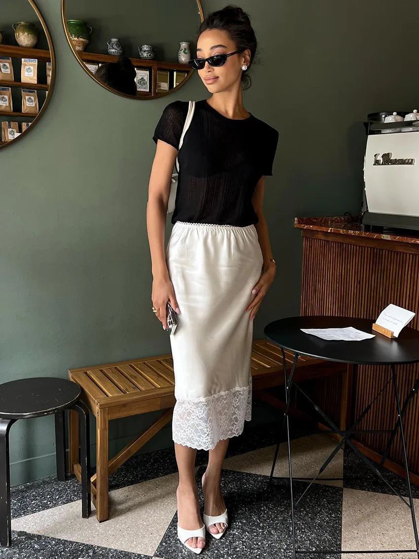 Tossy White Casual Lace Long Skirt For Women Slim High Waist Patchwork Elegant Commute Clothes Summer 2025 Female Maxi Skirt New