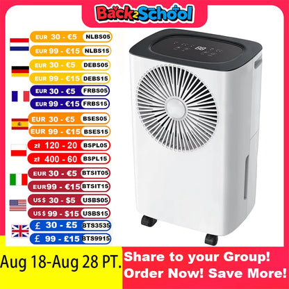 Dehumidifier 12 L/Day, Car Dehumidification, 24H Timer On/Off, Continuous Drainage, Room Dehumidifier, Suitable for Home/Basemen.