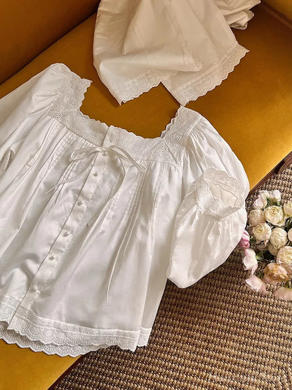 Sweet Spring Autumn Pure Cotton Women's Long Sleeve Pajama Set Loose Female Sleepwear Suits Royal Pyjama Home Wear Plus Size.