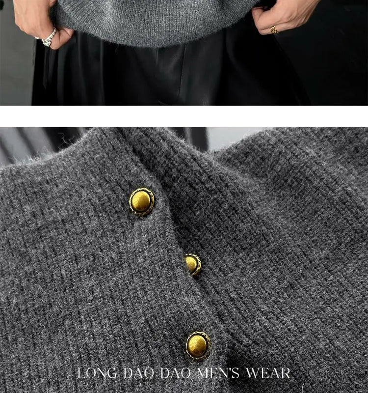 Vintage Trend Casual Autumn Winter New Men Turtleneck Solid Button Fashion Luxury Business Long Sleeve Pullovers Knitted Tops.