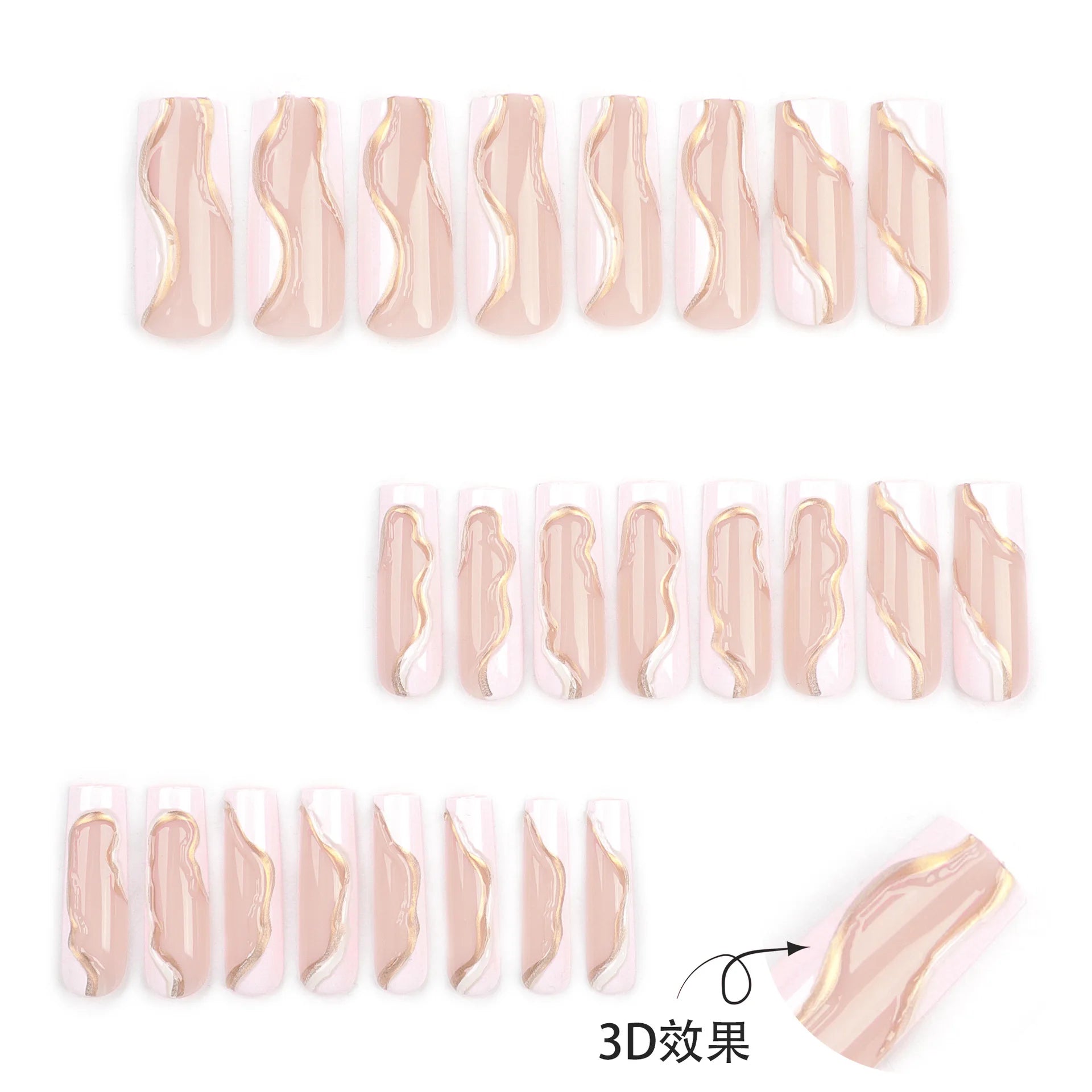 24Pcs 3D Long Ballet False Nails White Coffin Wave with French Design Wearable Fake Nails Gold Line Full Cover Press on Nails.