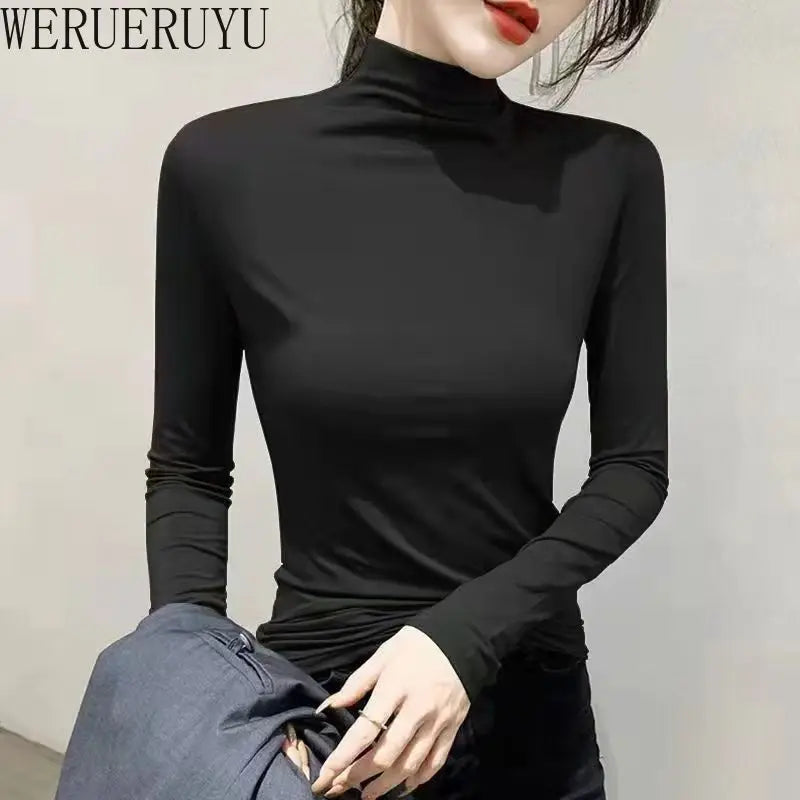 Schwarz Rollkragen T-shirt Langarm Tops Frauen Y2k Kleidung Herbst Winter Koreanische Mode Modale Elegante T-shirts für Frauen 2024