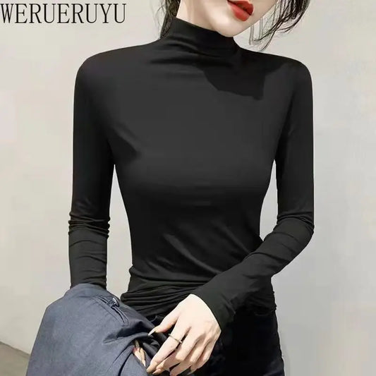 Schwarz Rollkragen T-shirt Langarm Tops Frauen Y2k Kleidung Herbst Winter Koreanische Mode Modale Elegante T-shirts für Frauen 2024