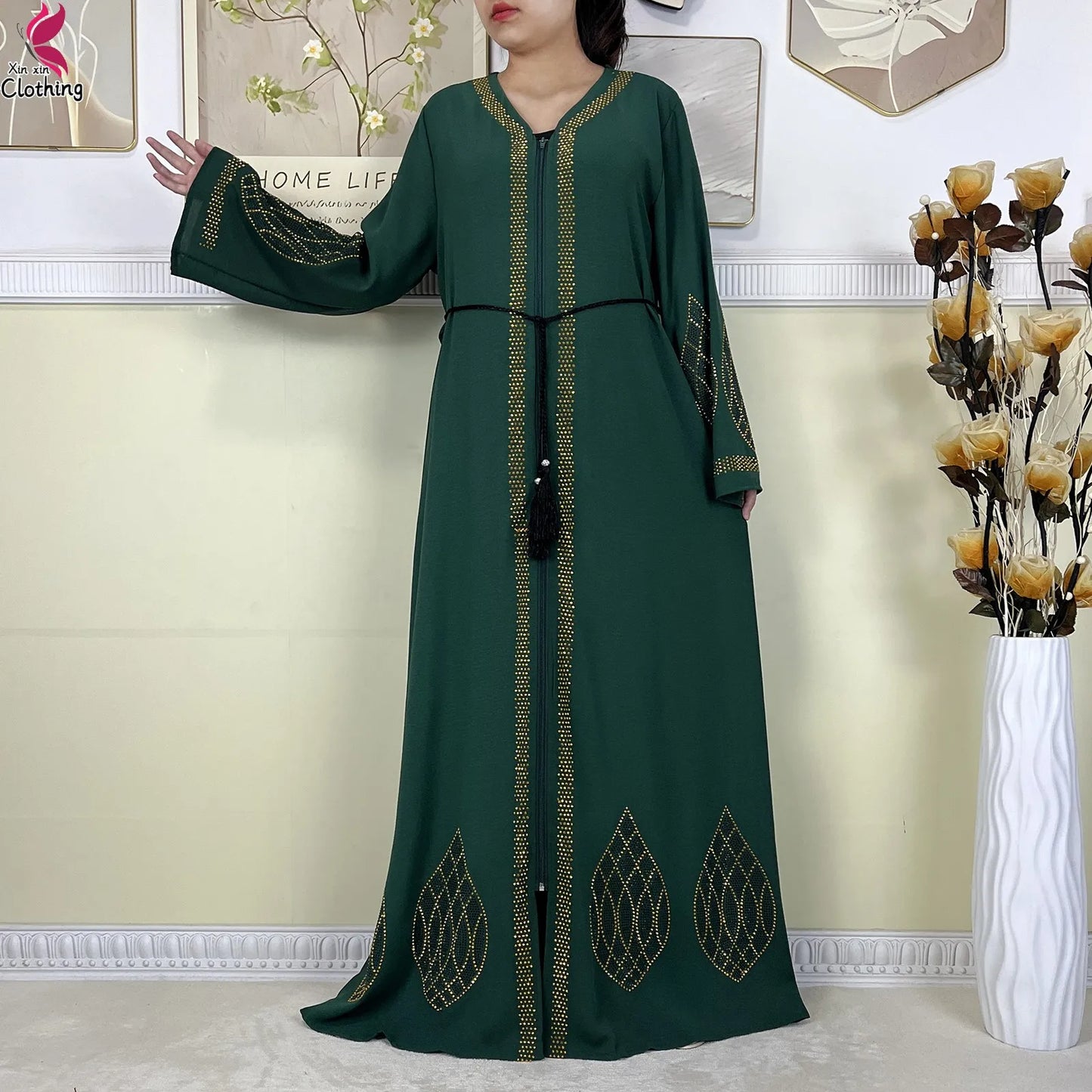New Dubai Women Elegant Dress Diamonds Chiffon Open Abaya with Zipper Islamic Turkey Clothing Women Muslim Party Evening Dress