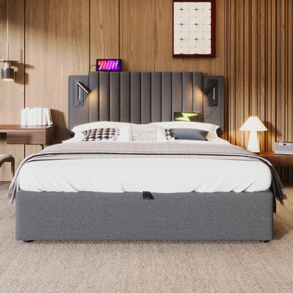 KOMHTOM Polsterbett Doppelbett, Leselicht und USB-Ladefunktion im Kopfteil, Baumwollmaterial, ohne Matratze