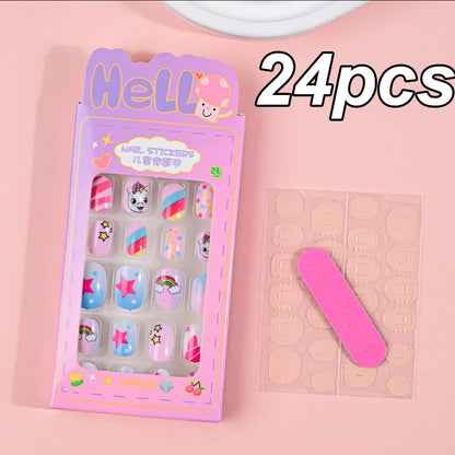 120pcs/box Pink Cartoon Children Press On Nails Candy Color Unicorn Cat Bunny Kids Full Cover False Nail Girls Party Nail Decora
