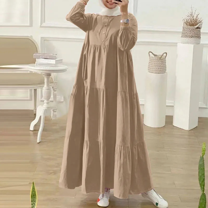 ZANZEA O Neck Casual Loose Maxi Dress Tiered Islamic Hijab Women Long Sleeve Long Vestidos Muslim Fashion Autumn Abaya Robes