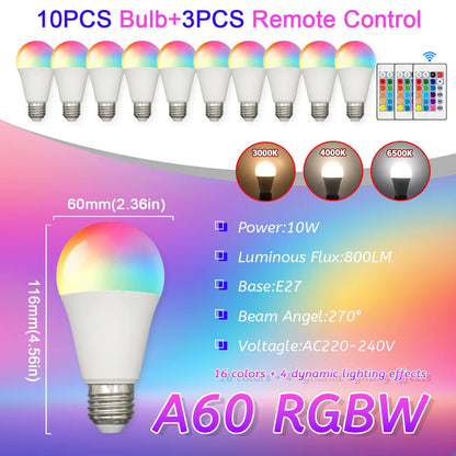 E27 RGB LED Light Bulb 220V 10W with IR Color Changing Control Remote Multicolor + White Lamp Spotlight for Bedroom Party Home