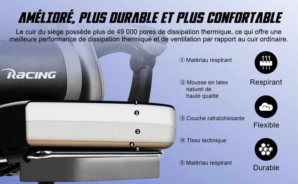 Daccormax Ergonomischer Gaming-Stuhl mit Fußstütze, Liegestuhl 170 ° , Rennstuhl aus PU-Leder mit Lordosenstütze und Kopfstütze