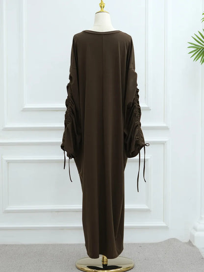 Muslim Women Arabic Dubai Abaya Drawstring sleeves Long Dress Modest Ramadan Kaftan Robe Femme musulmane Islam Clothing Kebaya.