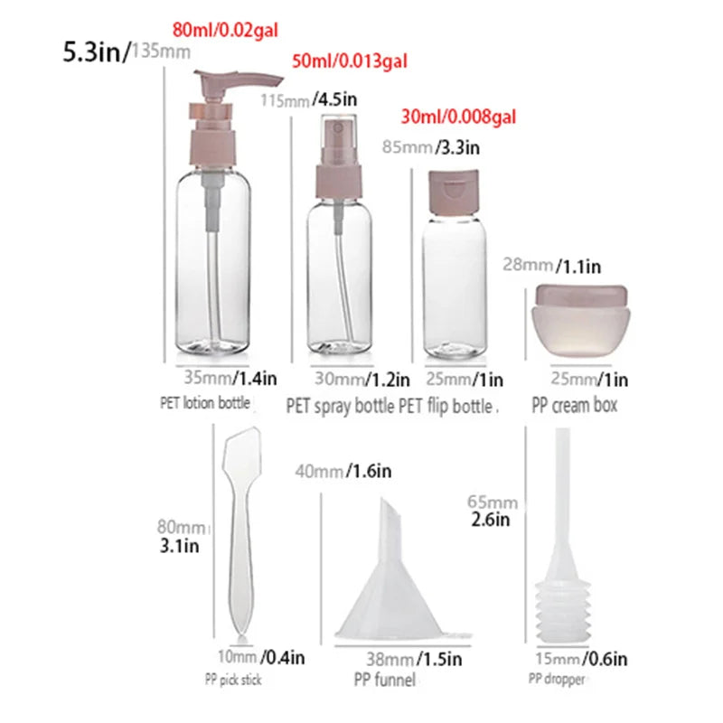 11pcs Travel Size Cosmetic Bottles Set for Nail Art Glitter, Portable Makeup Containers.