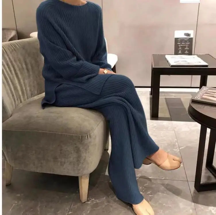 2024 Autumn Winter New Women's Fashion Fashionable Age Reducing Two Piece Pants Knitted Sweater Straight Leg Pants Set For Women