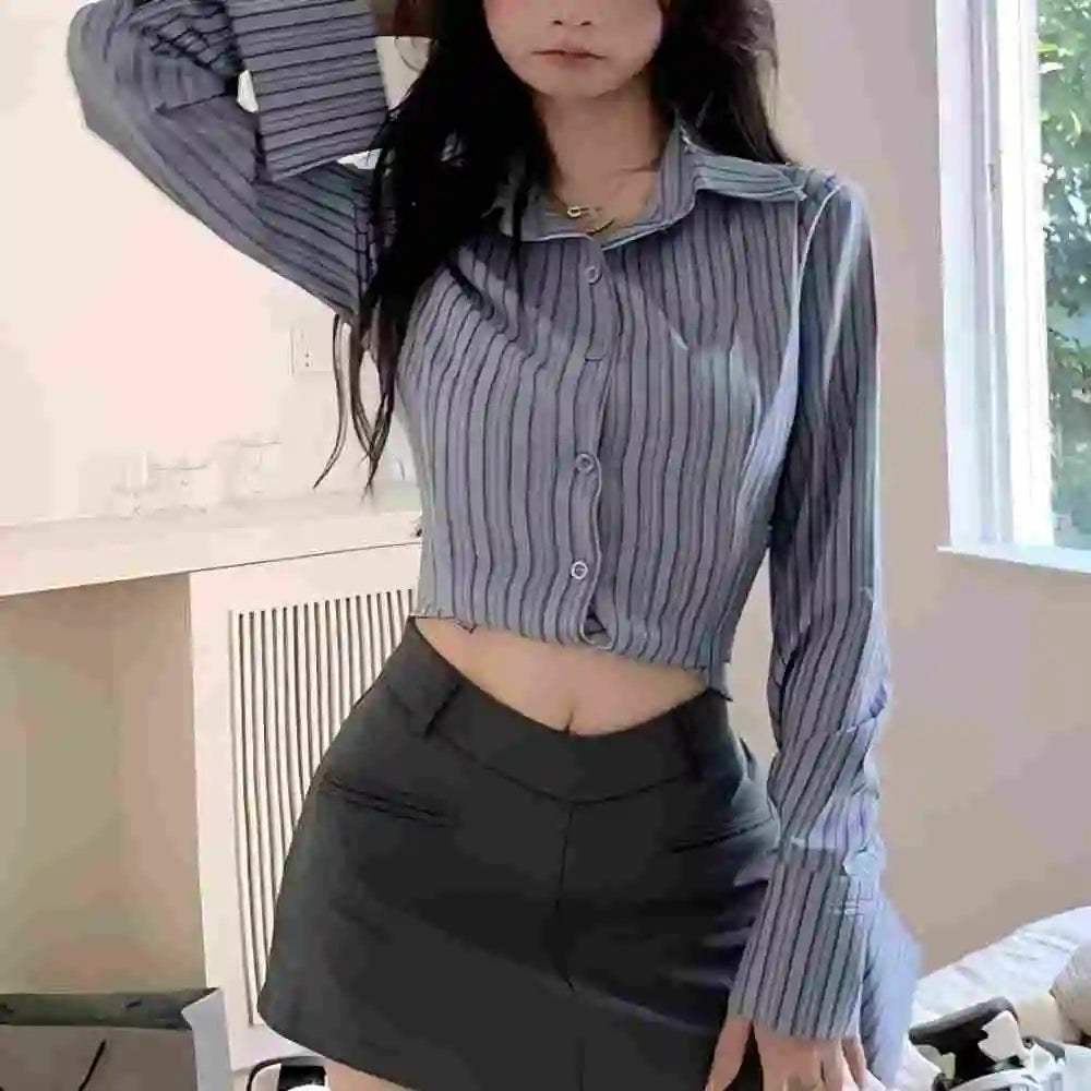 Korean Blue Striped Long Sleeve Shirt Jacket Women's Spring Design Waist Cinching Slimming Top Women Clothing.
