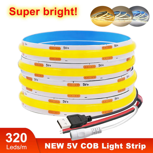 5 V USB-COB-LED-Streifen mit 2-poligem DC-Stecker, 3000 K, 4000 K, 6000 K, 320 LEDs, flexibles Band, lineare Beleuchtung mit hoher Dichte.