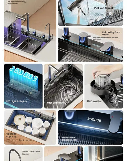 Intelligent Waterfall Stainless Steel Kitchen Sink MultiFunctional Digital Display Porous Large Single Slot Wash Dish Basin