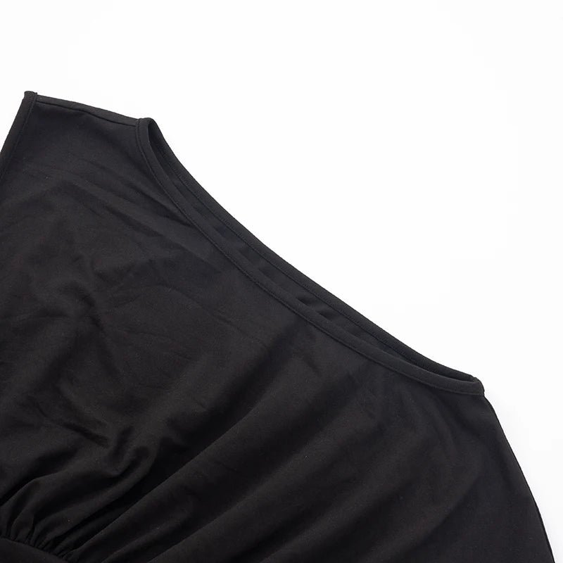 CUTENOVA Solid Color One Shoulder Slant Neck Waist Shrinking Pleated Tank Top Women'S Summer New Casual Simple Fashion Tank Top.