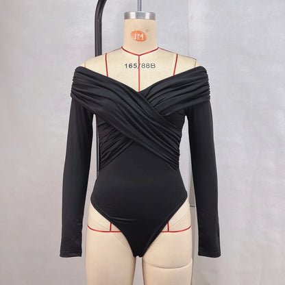Sexy Hot Girl Slim Jumpsuits Women Fashion Solid Color Folds Corset Bodycon Crossed Bodysuits Long Sleeves Trendy Lady Rompers