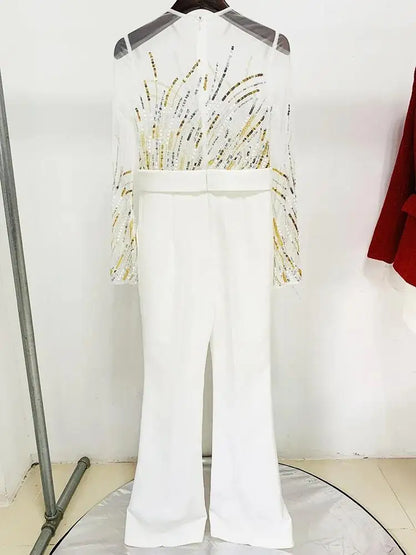 HIGH STREET Newest 2024 Designer Runway Fashion Women's Mesh Splicing Sequin Diamonds Beaded Jumpsuit.