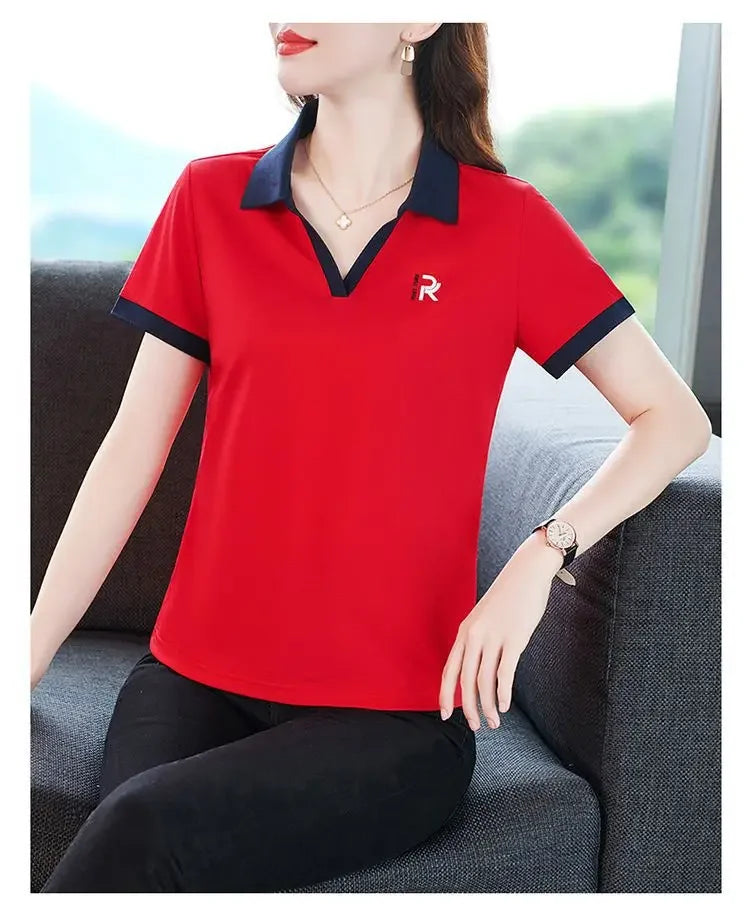 Women's Slim Fit Polo Shirt Short Sleeve T-Shirt Casual Sporty Loose Fashionable Summer Top Turn-down Collar Comfortable.