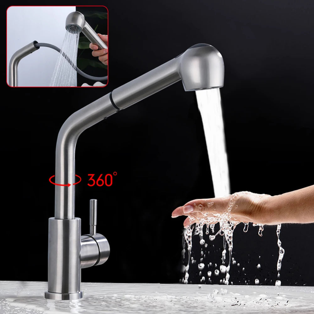 360° Rotating Retractable Sink Faucet Hot and cold Water Button Ceramic Valve Kitchen Stainless Steel Faucet with Shower