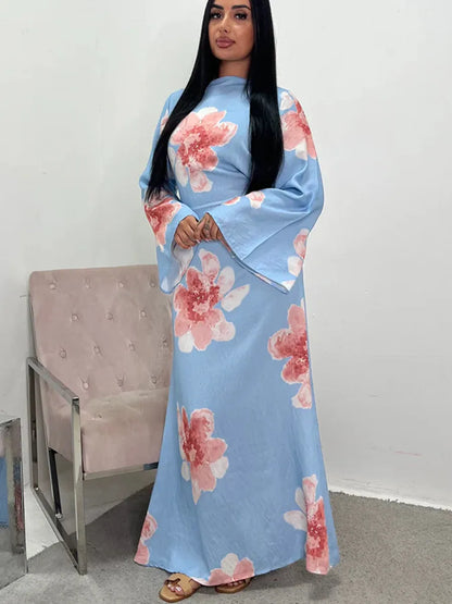 Women Arabic Eid Muslim Dubai Abaya Dress Luxury Fashion Flower Print Long Dress Kaftan Robe Femme African Islam Clothing Kebaya.