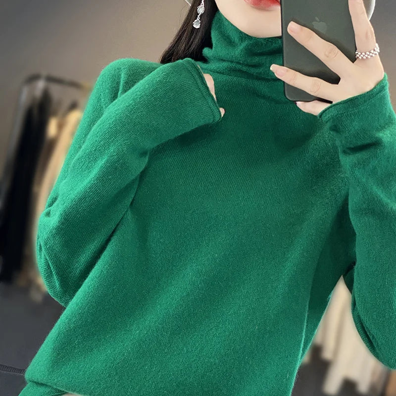 2025 100% Merino Wool Sweater Elegant Cashmere Pullover Women Pile Collar Long Sleeve Knitwear Basic Clothing  Jumper Tops
